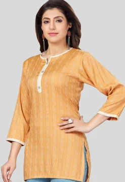 Printed Rayon Straight Kurti in Mustard