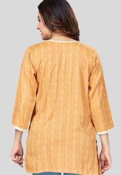 Printed Rayon Straight Kurti in Mustard