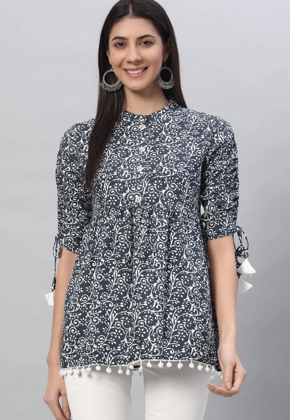 Printed Rayon Tunic in Dark Grey