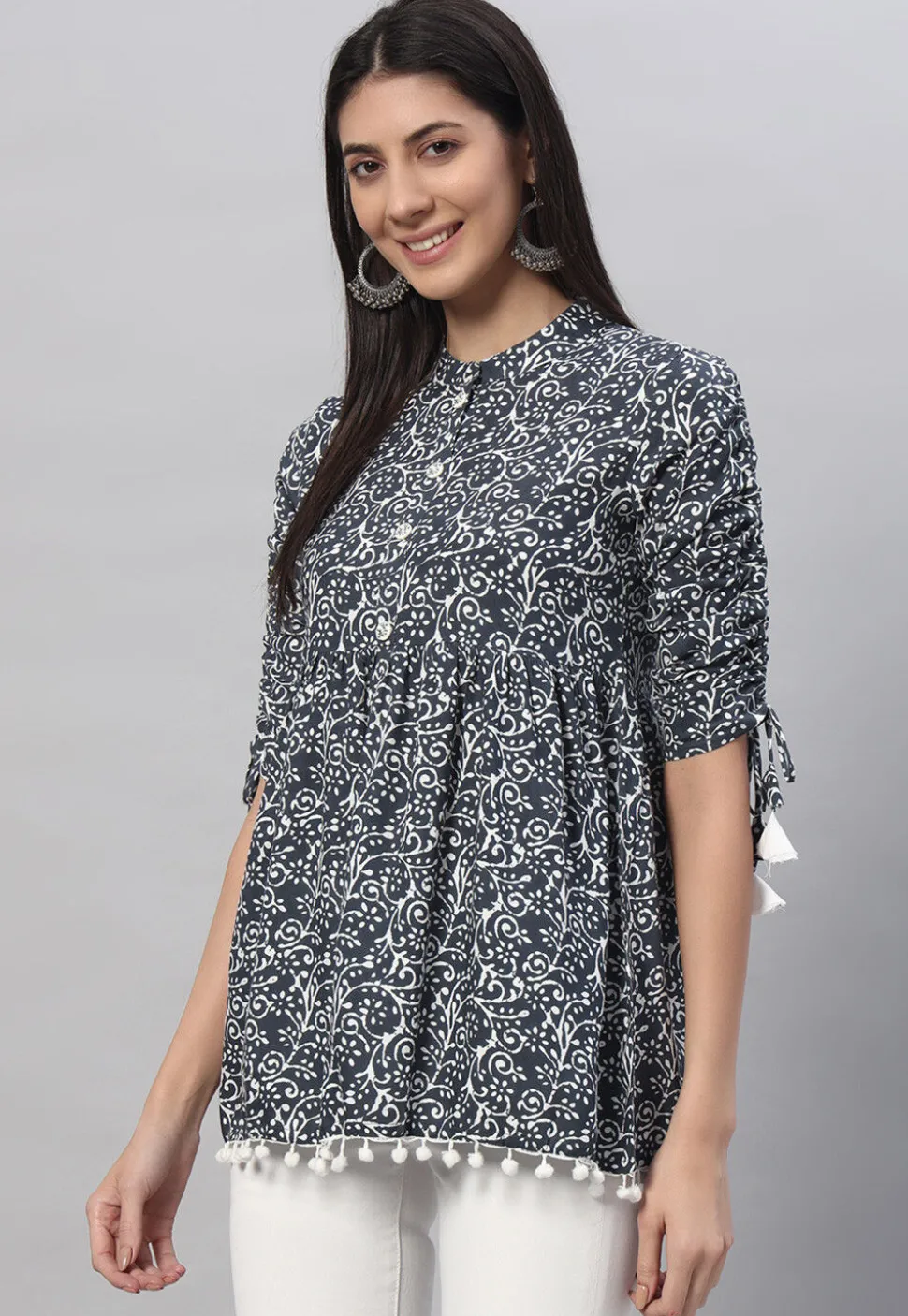 Printed Rayon Tunic in Dark Grey