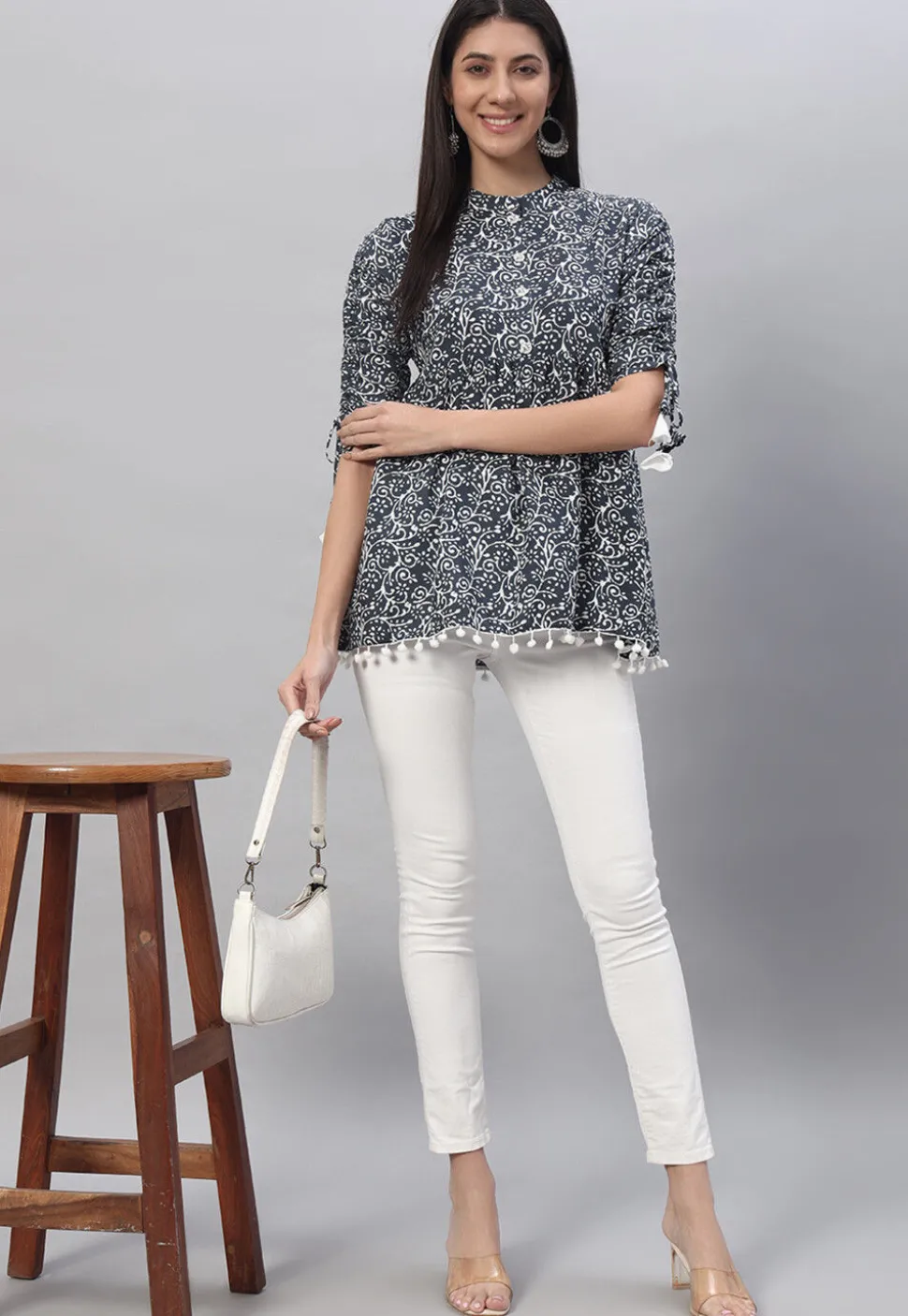 Printed Rayon Tunic in Dark Grey