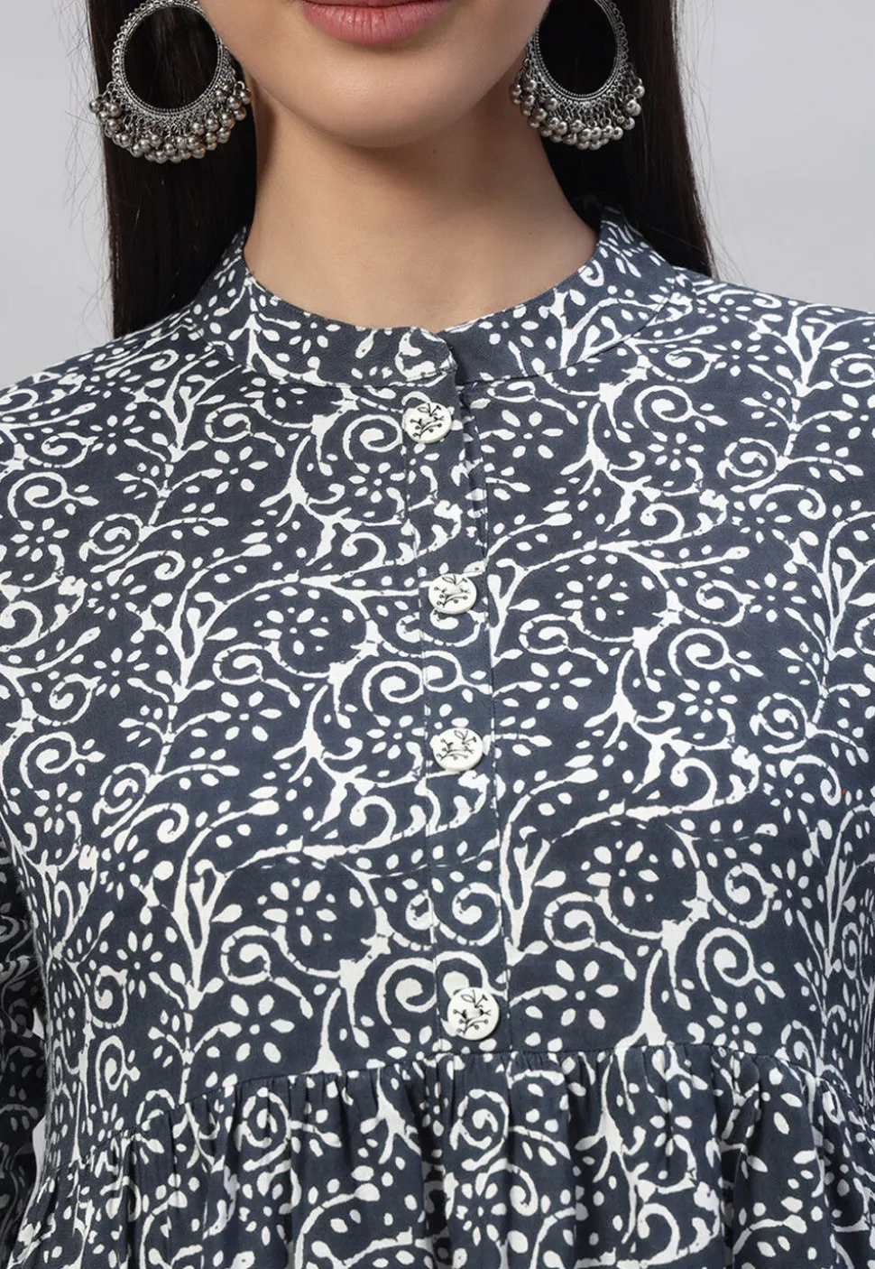 Printed Rayon Tunic in Dark Grey