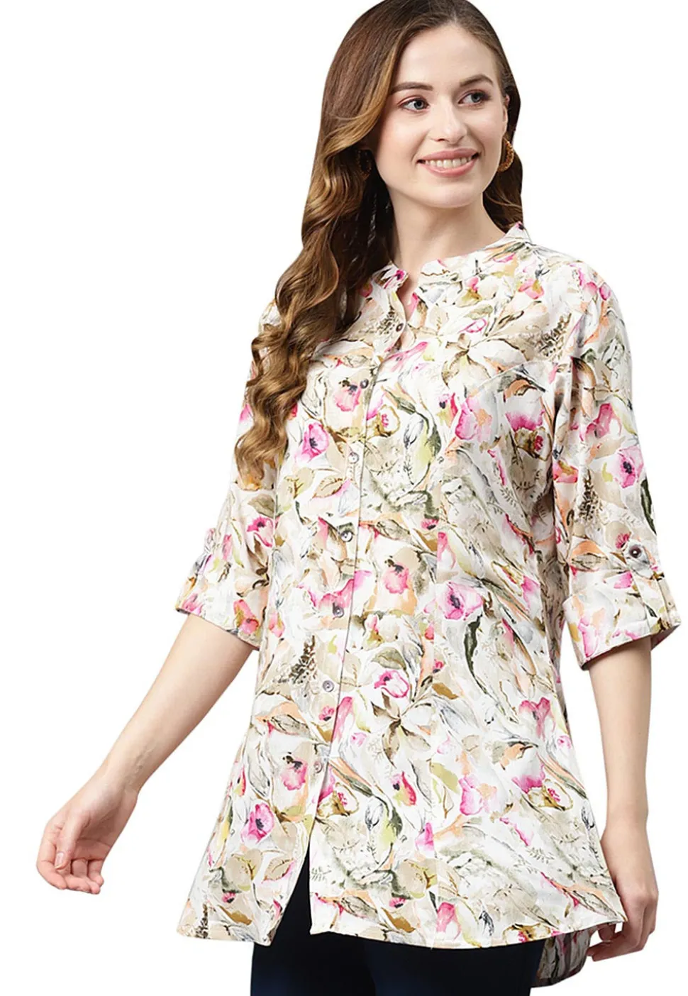 Printed Rayon Tunic in Off White