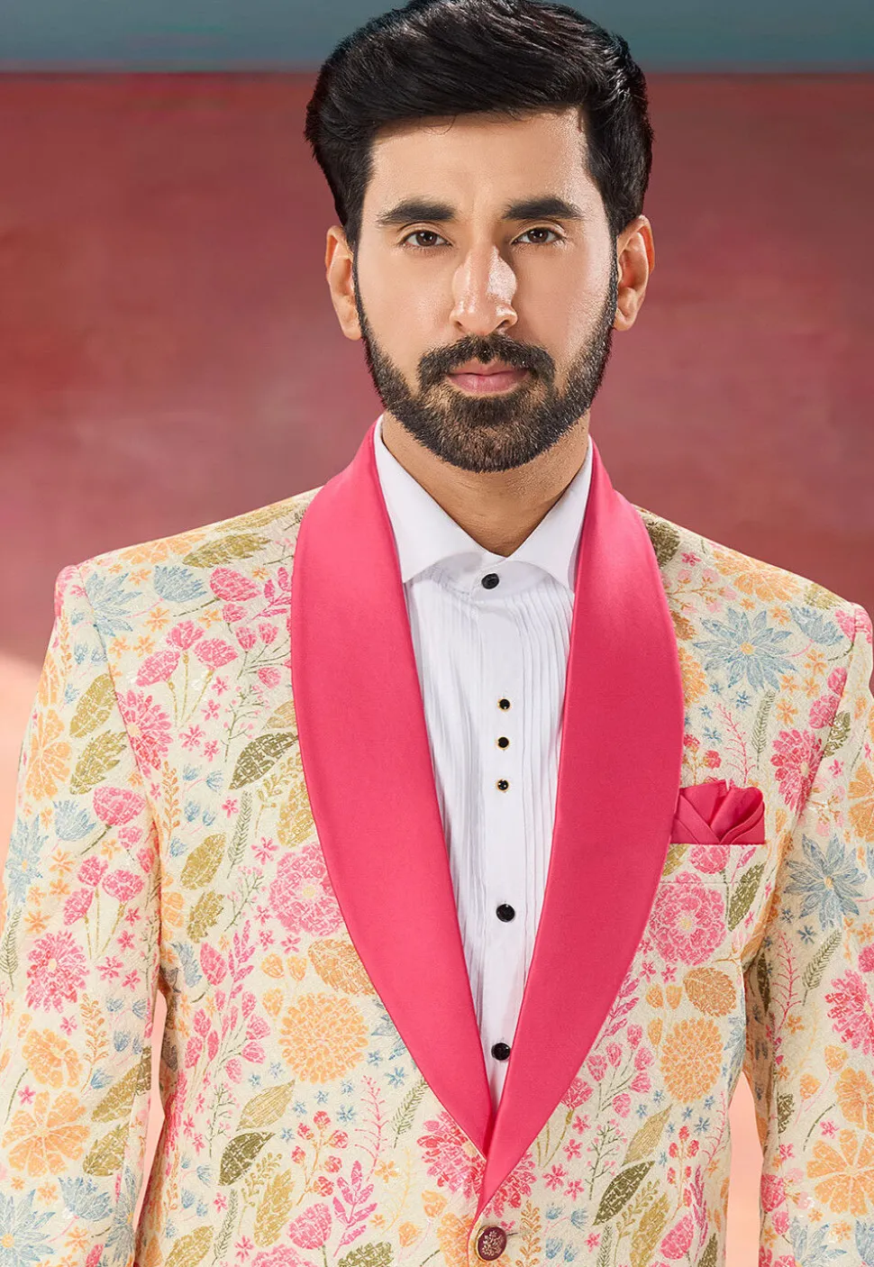 Printed Rayon Tuxedo in Cream