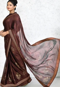 Printed Satin Chiffon Saree in Wine