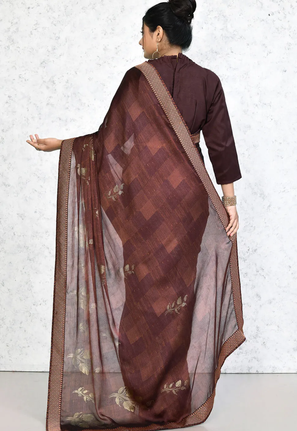 Printed Satin Chiffon Saree in Wine