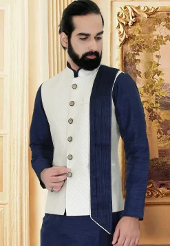Printed Satin Nehru Jacket in Off White