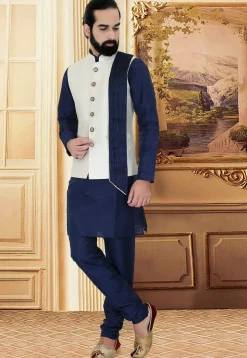 Printed Satin Nehru Jacket in Off White