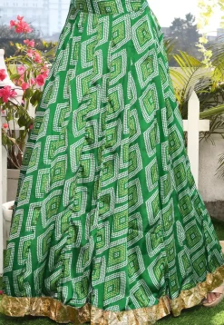 Printed Satin Silk A Line Skirt in Green