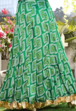 Printed Satin Silk A Line Skirt in Green