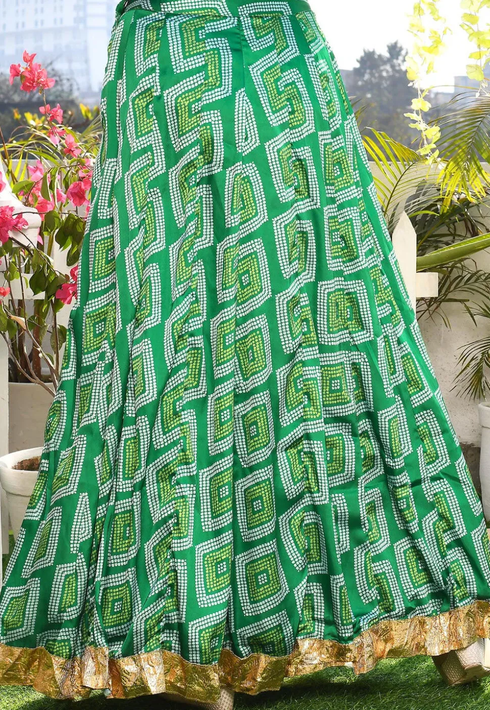 Printed Satin Silk A Line Skirt in Green