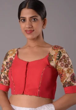 Printed Sleeve Art Silk Blouse in Red