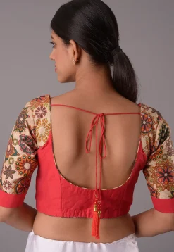Printed Sleeve Art Silk Blouse in Red