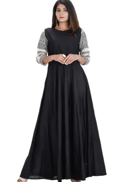 Printed Sleeve Cotton Long Kurta in Black