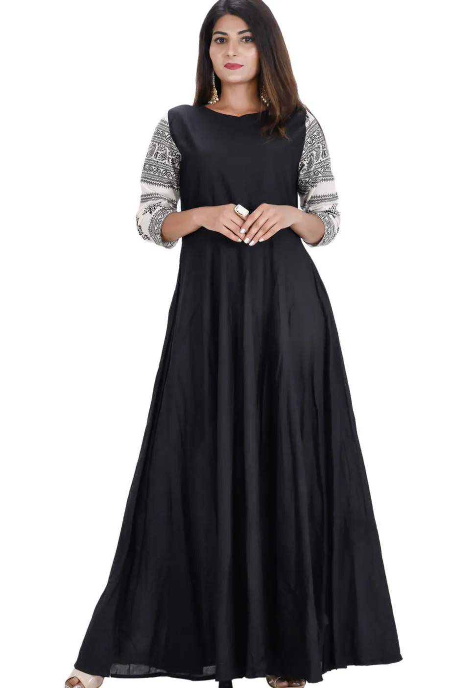 Printed Sleeve Cotton Long Kurta in Black
