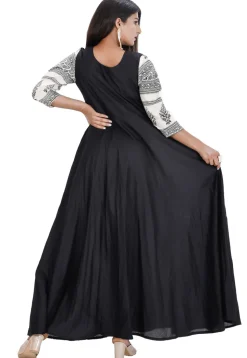 Printed Sleeve Cotton Long Kurta in Black