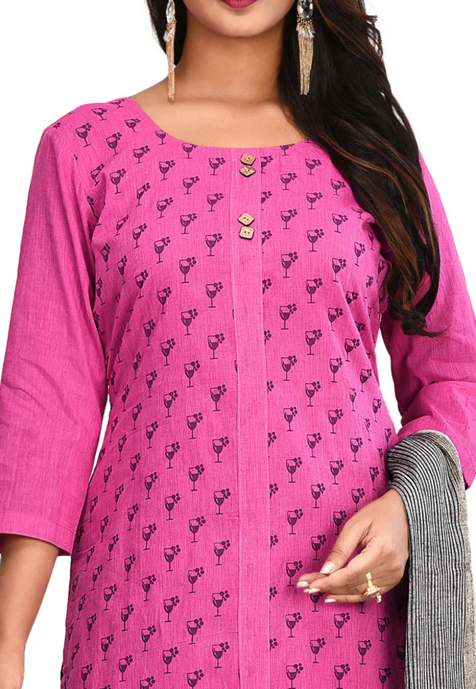 Printed South Cotton Straight Suit in Pink