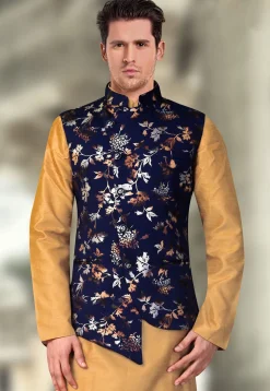 Printed Terry Rayon Asymmetric Nehru Jacket in Navy Blue