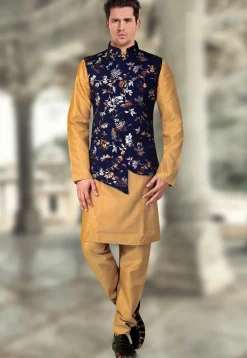 Printed Terry Rayon Asymmetric Nehru Jacket in Navy Blue