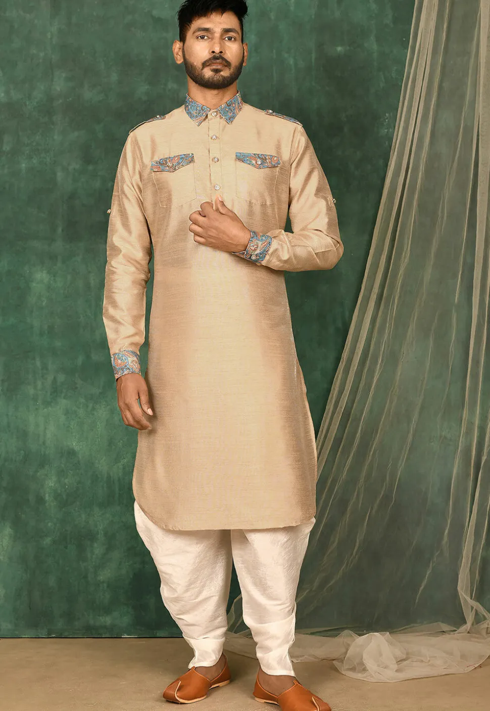 Printed Trim Art Silk Pathani Suit in Beige
