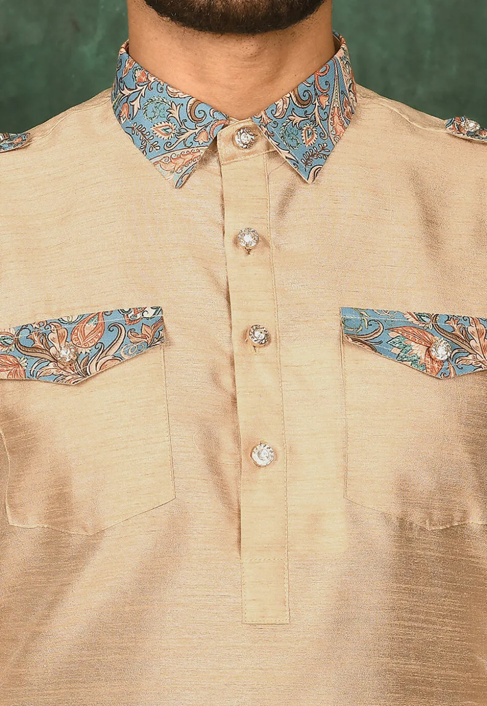 Printed Trim Art Silk Pathani Suit in Beige