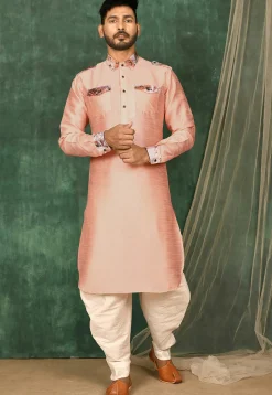 Printed Trim Art Silk Pathani Suit in Peach