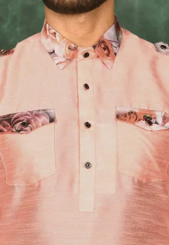 Printed Trim Art Silk Pathani Suit in Peach