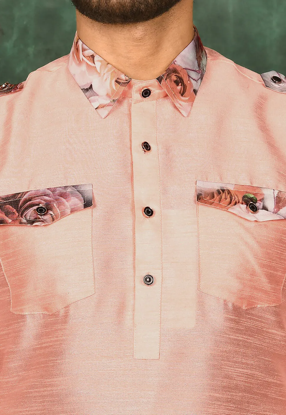 Printed Trim Art Silk Pathani Suit in Peach