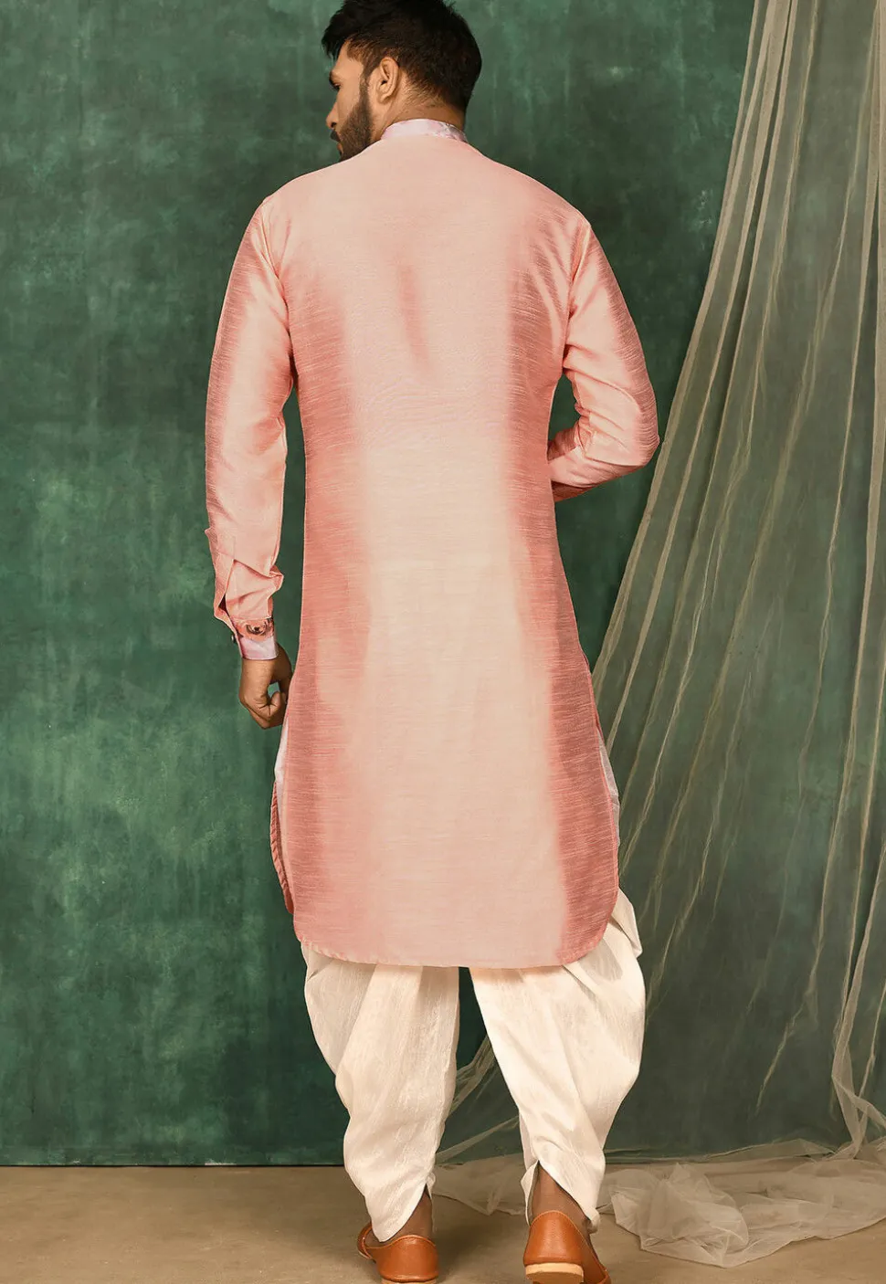 Printed Trim Art Silk Pathani Suit in Peach