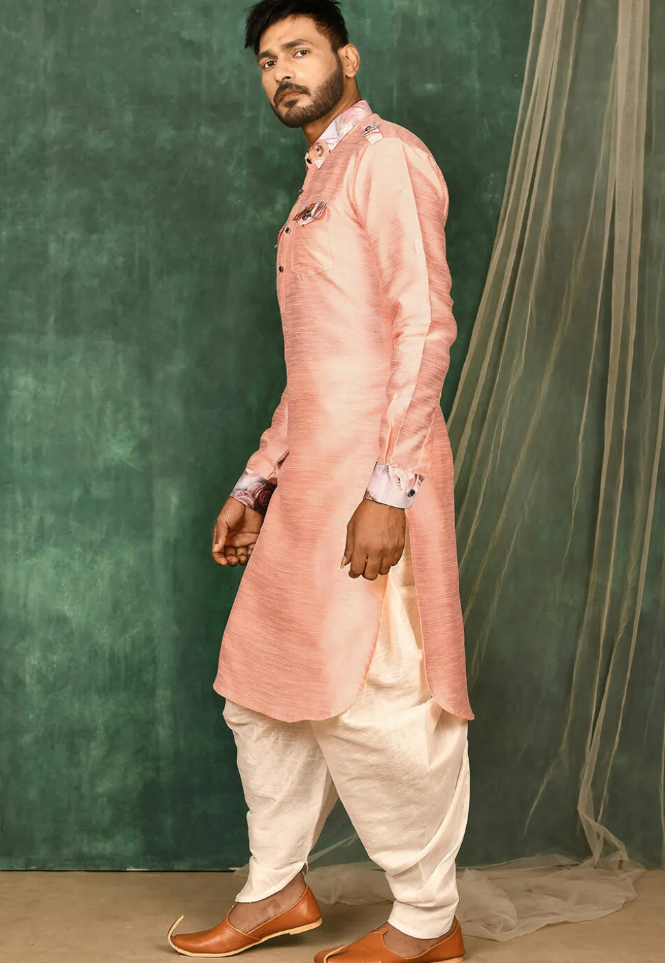 Printed Trim Art Silk Pathani Suit in Peach