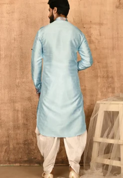 Printed Trim Art Silk Pathani Suit in Sky Blue