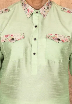 Printed Trim Art Silk Pathani Suit in Pastel Green