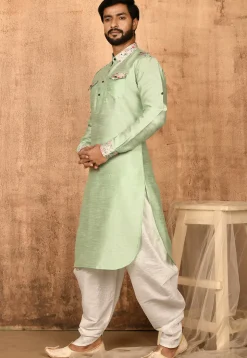 Printed Trim Art Silk Pathani Suit in Pastel Green