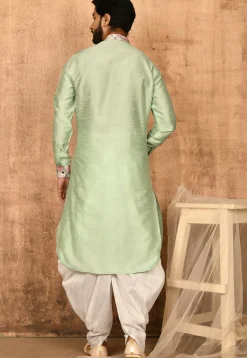 Printed Trim Art Silk Pathani Suit in Pastel Green