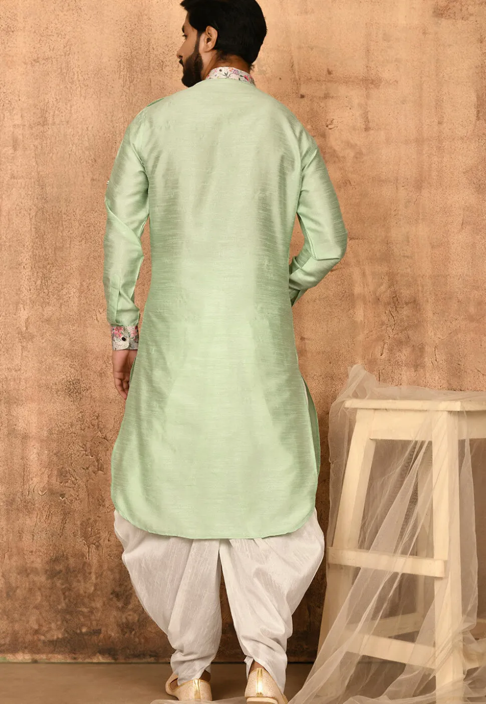 Printed Trim Art Silk Pathani Suit in Pastel Green