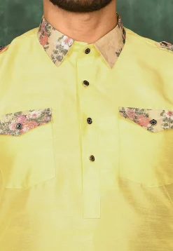 Printed Trim Art Silk Pathani Suit in Yellow