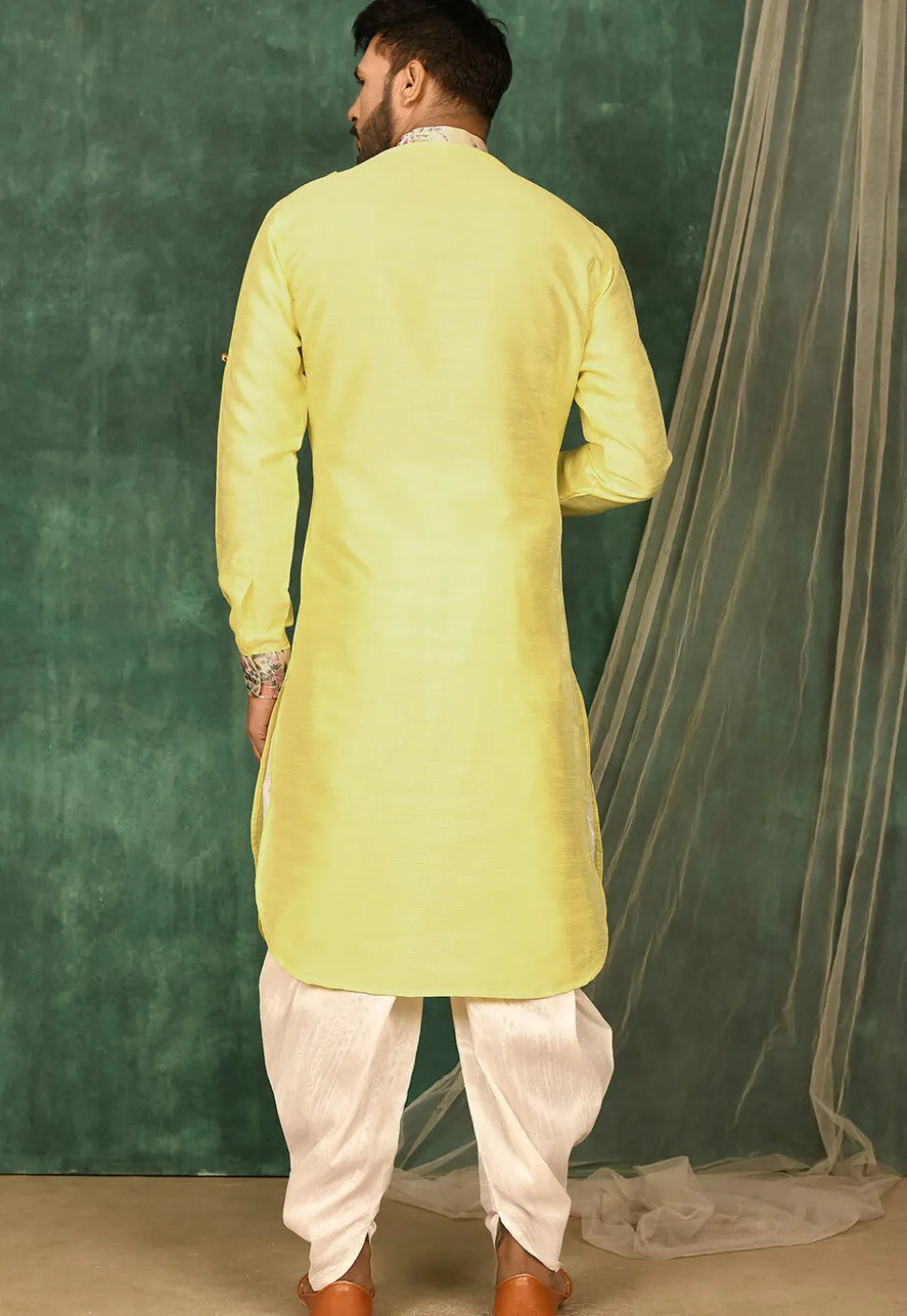 Printed Trim Art Silk Pathani Suit in Yellow