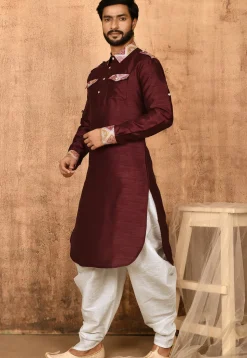 Printed Trim Art Silk Pathani Suit in Maroon