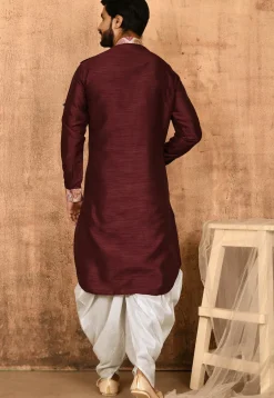 Printed Trim Art Silk Pathani Suit in Maroon