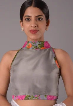 Printed Trim Crepe Blouse in Grey