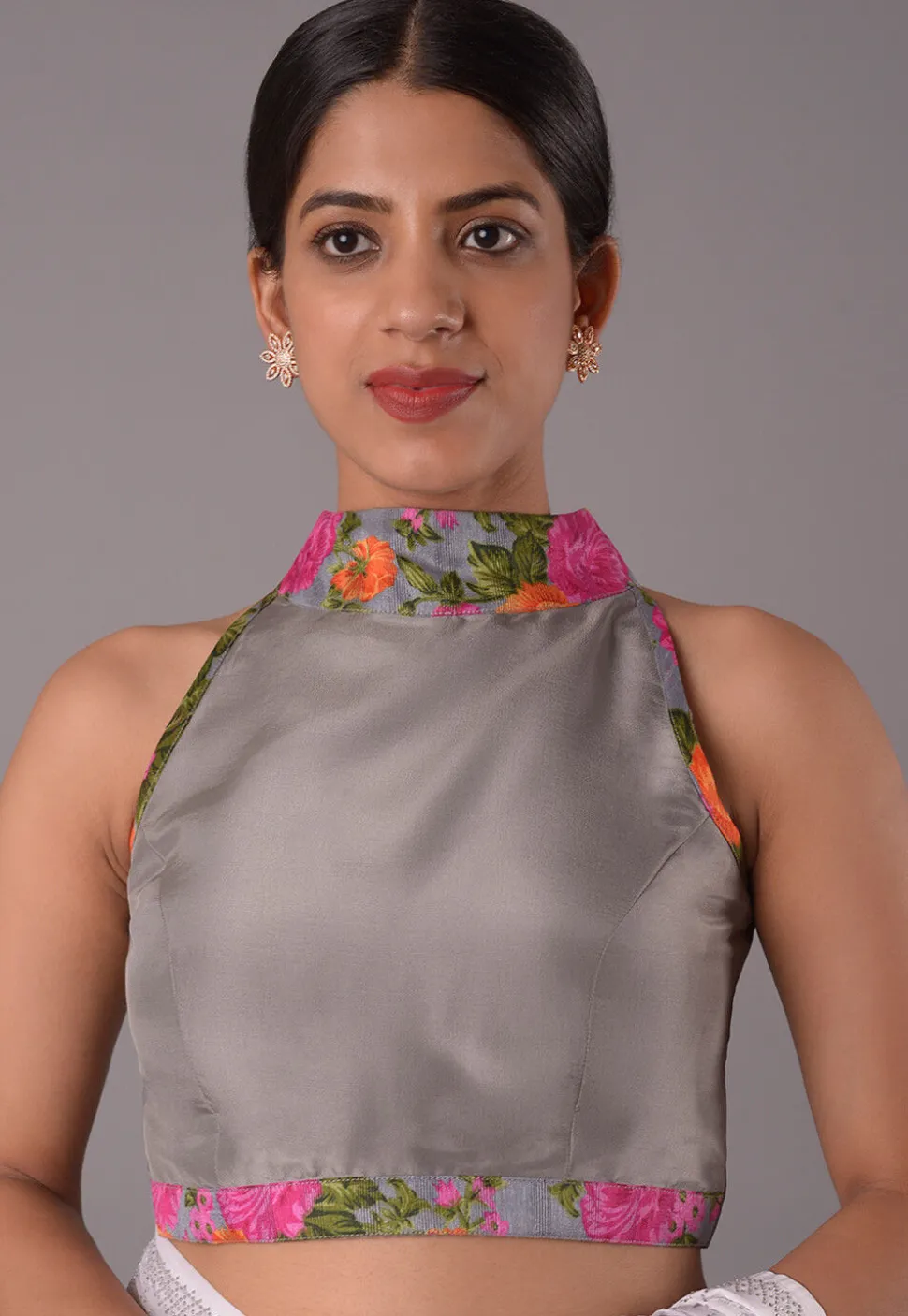 Printed Trim Crepe Blouse in Grey