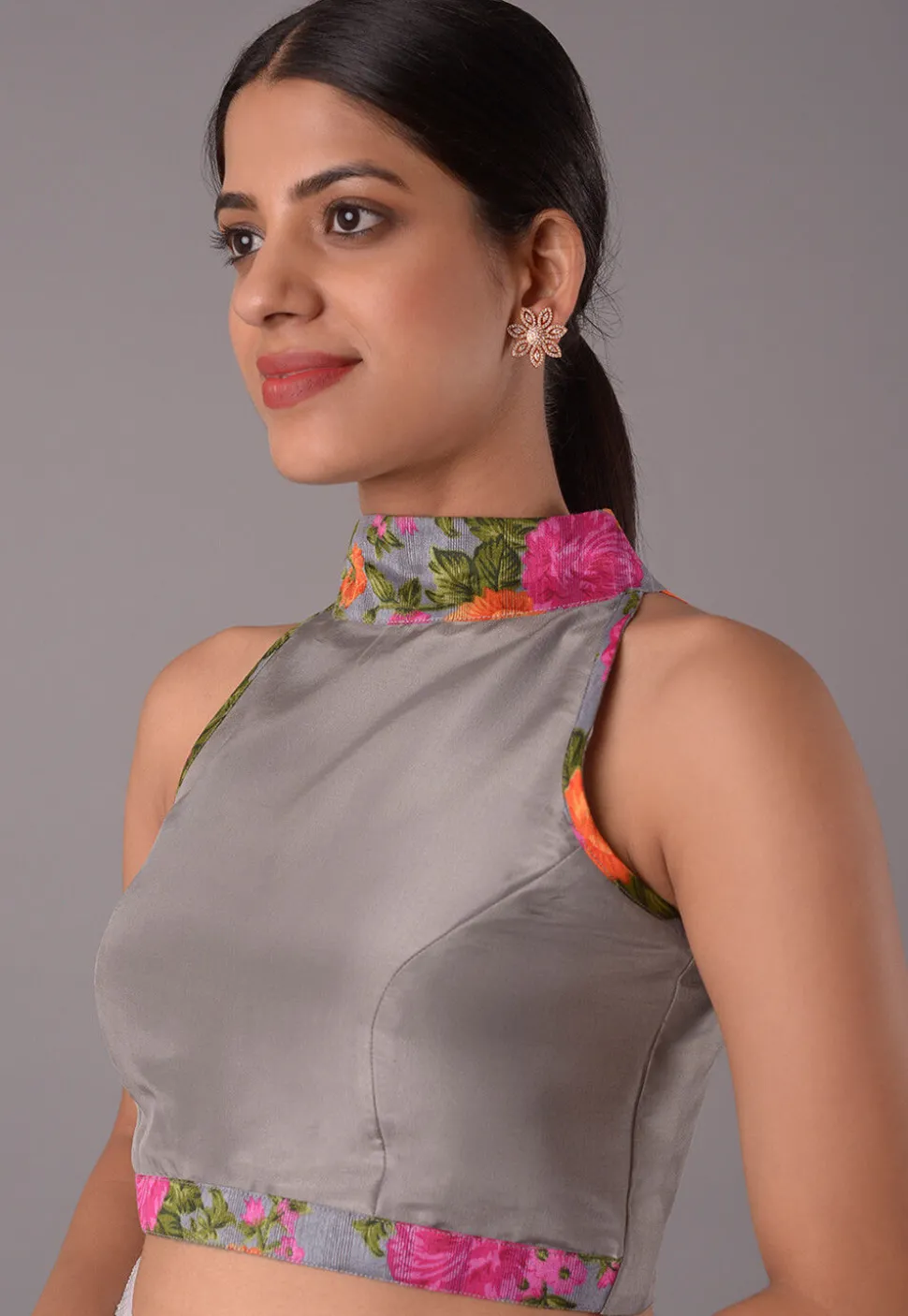Printed Trim Crepe Blouse in Grey