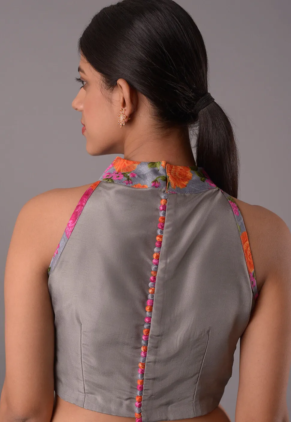 Printed Trim Crepe Blouse in Grey