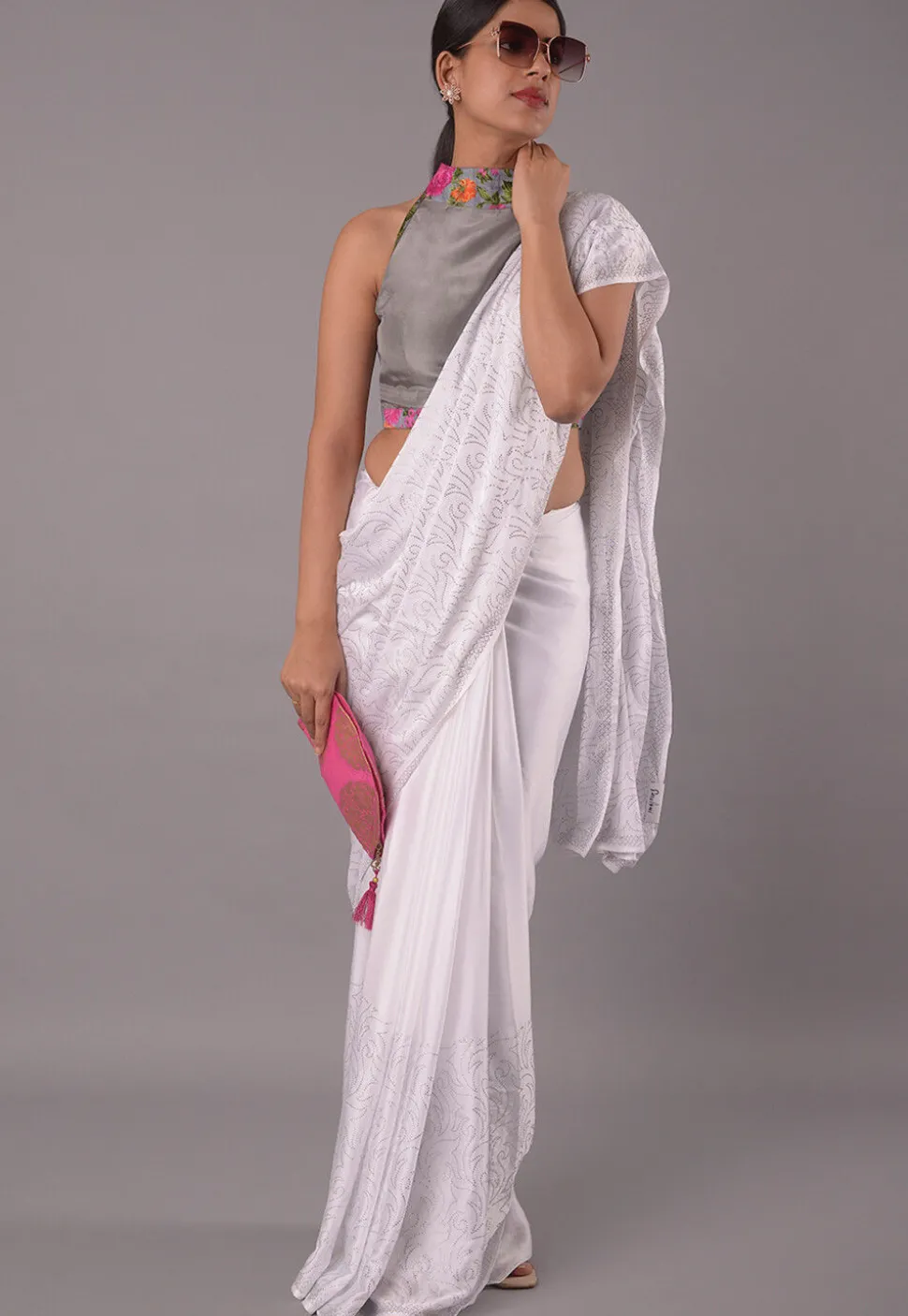 Printed Trim Crepe Blouse in Grey