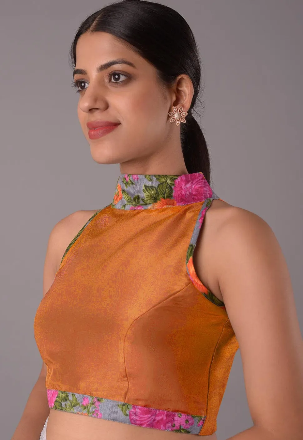 Printed Trim Crepe Blouse in Dark Orange