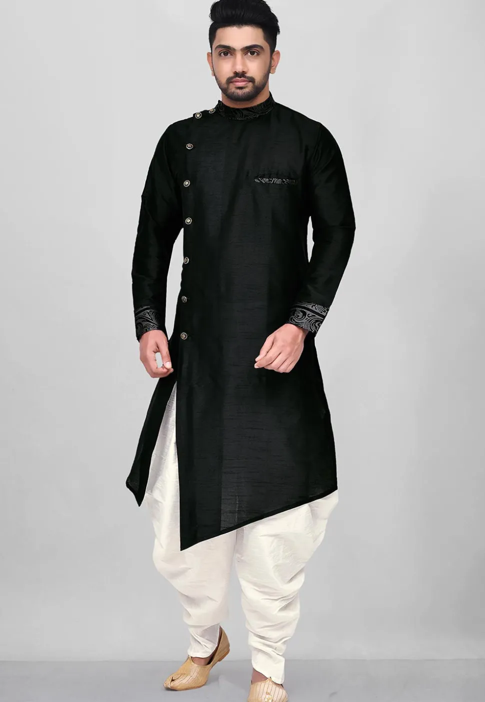 Printed Trim Dupion Silk Asymmetric Kurta Set in Black