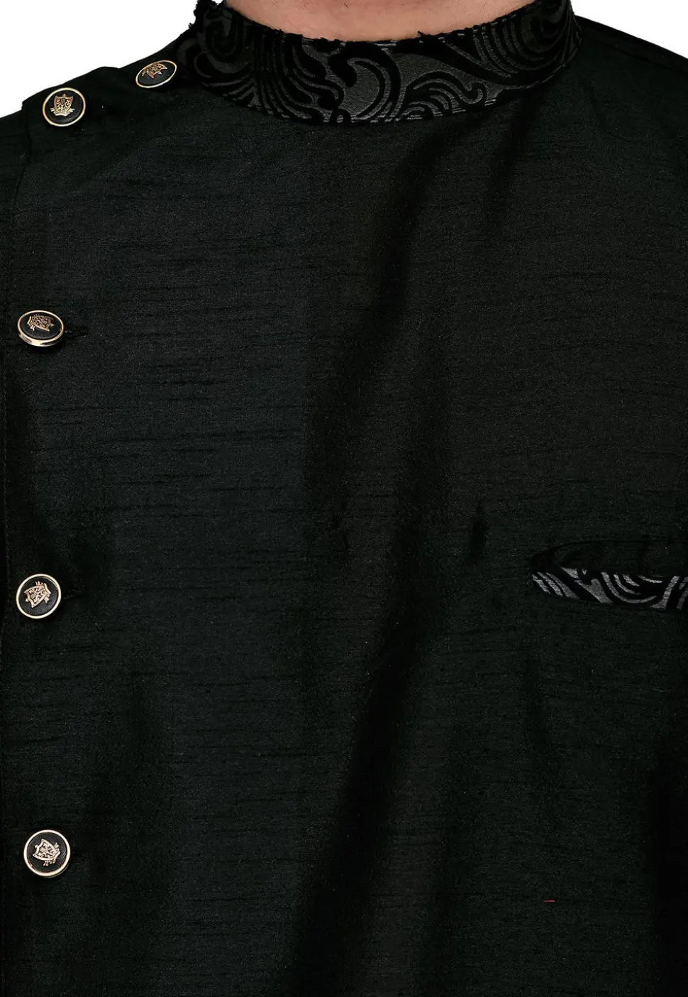 Printed Trim Dupion Silk Asymmetric Kurta Set in Black