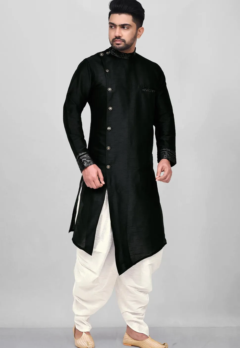Printed Trim Dupion Silk Asymmetric Kurta Set in Black