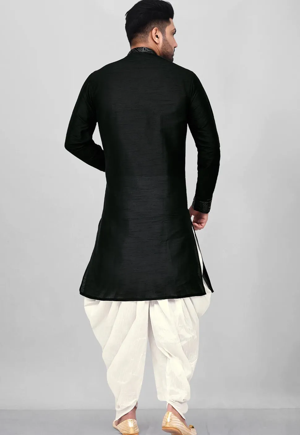 Printed Trim Dupion Silk Asymmetric Kurta Set in Black