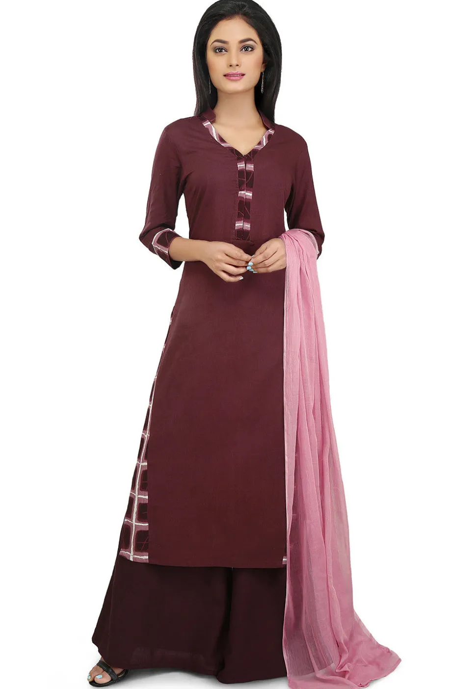 Printed Trims Cotton Straight Suit in Brown